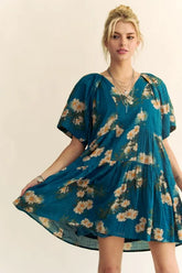 Davi & Dani Floral Print Short Bell Sleeve Pleated Mini Dress OutfitFlow